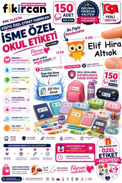İsme Özel Okul Etiketi - 150 Adet - 1.5 x 4 cm - PVC Etiket - FİGÜR 119