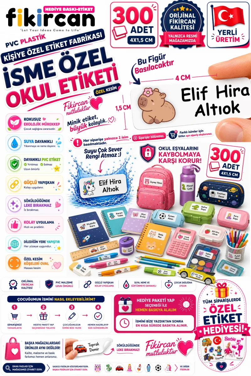 İsme Özel Okul Etiketi - 300 Adet - 1.5 x 4 cm - PVC Etiket - FİGÜR 90 — fotoğraf 1