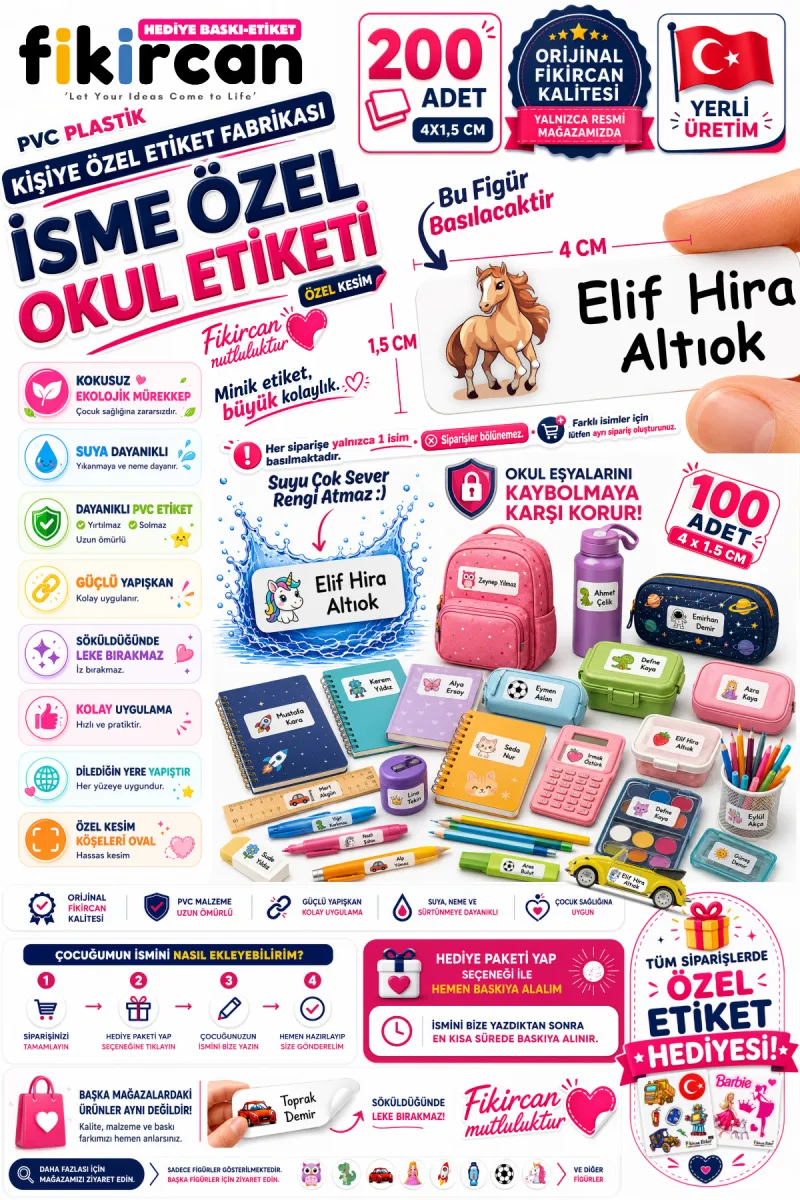 İsme Özel Okul Etiketi - 200 Adet - 1.5 x 4 cm - PVC Etiket - FİGÜR 105 — fotoğraf 1