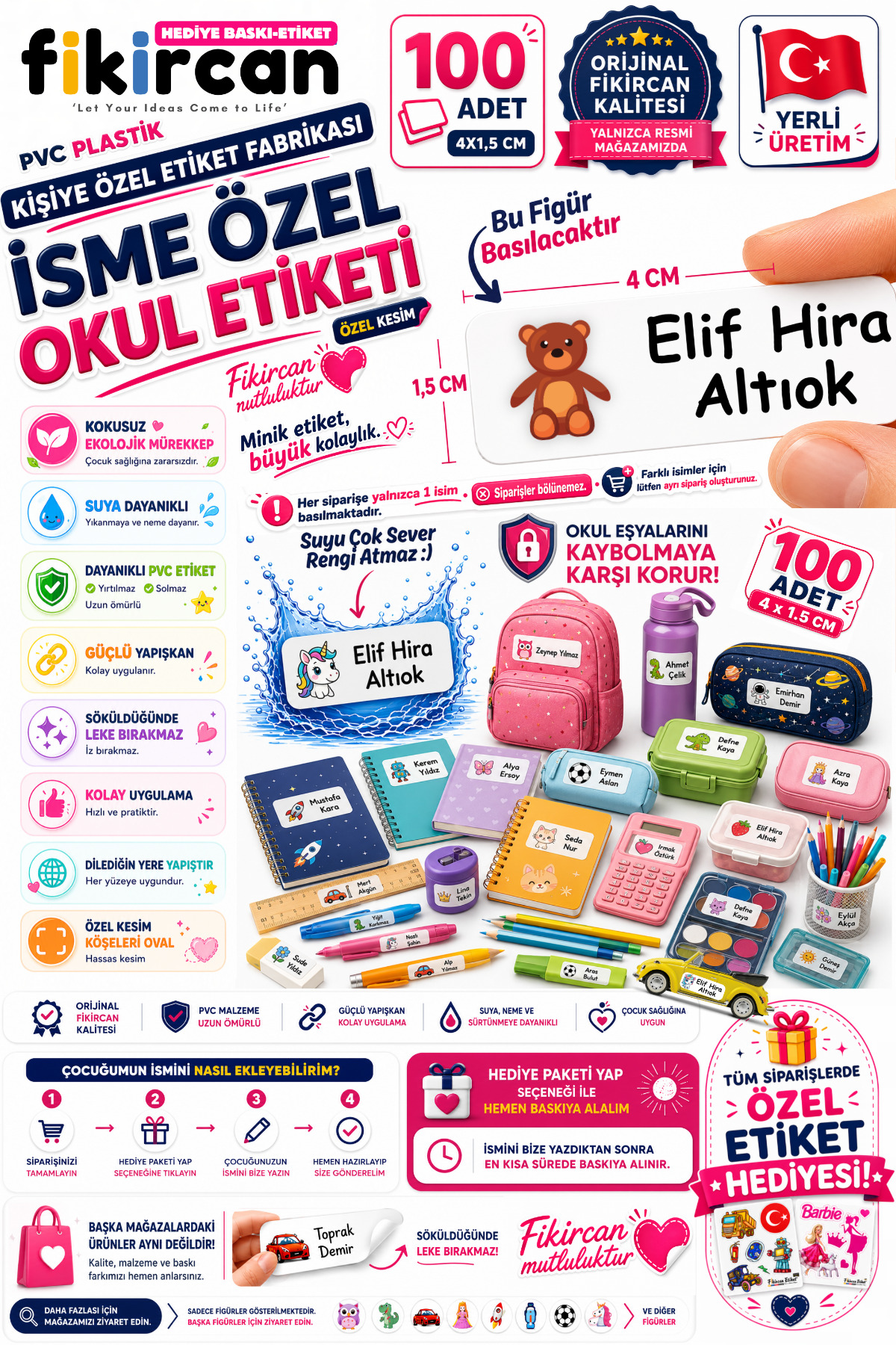 İsme Özel Okul Etiketi - 100 Adet - 1.5 x 4 cm - PVC Etiket - FİGÜR 29 1453260718175 — fotoğraf 1