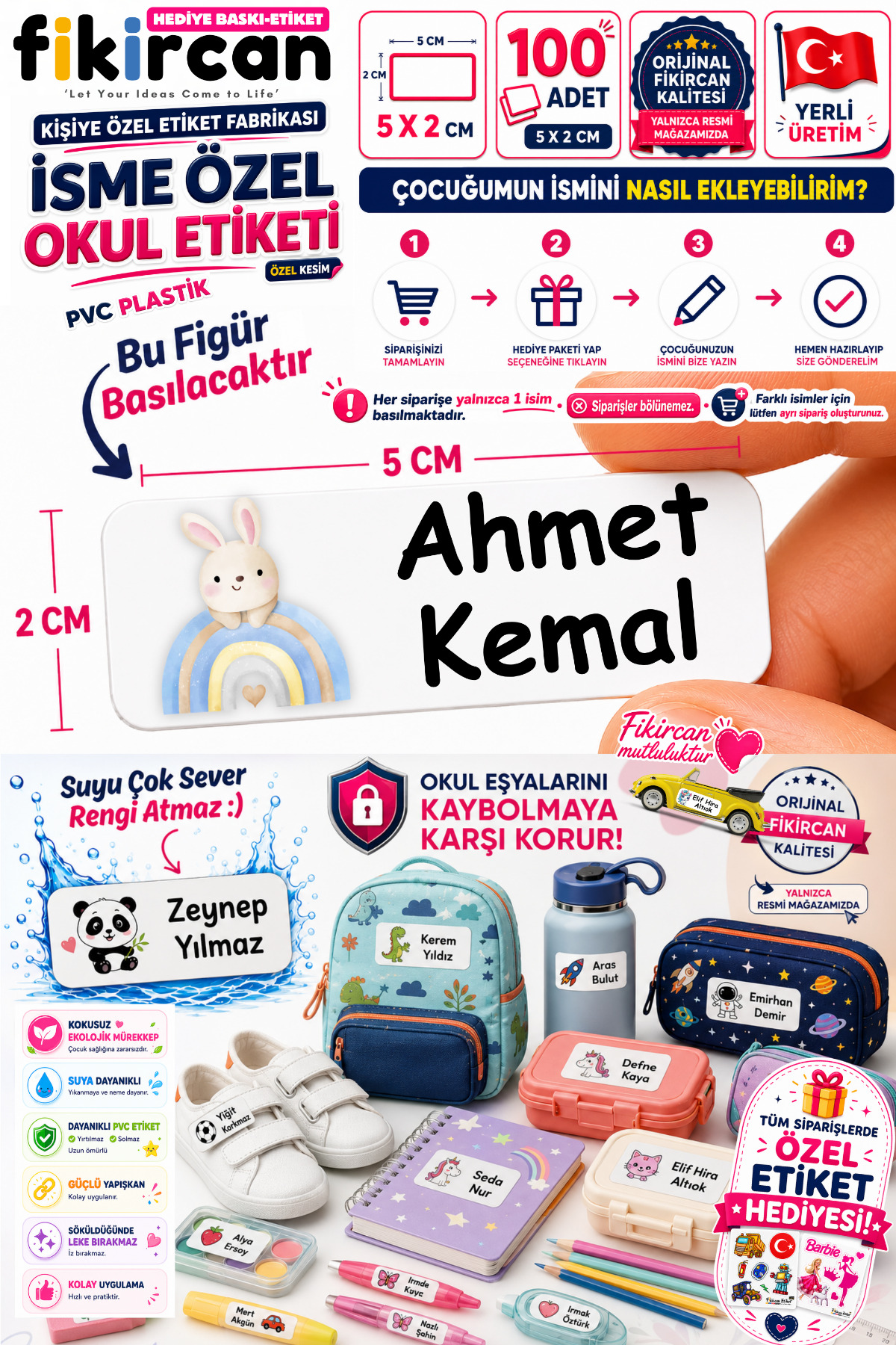 İsme Özel Okul Etiketi - 100 Adet - 5 x 2 cm - PVC Etiket - FİGÜR 123 — fotoğraf 1
