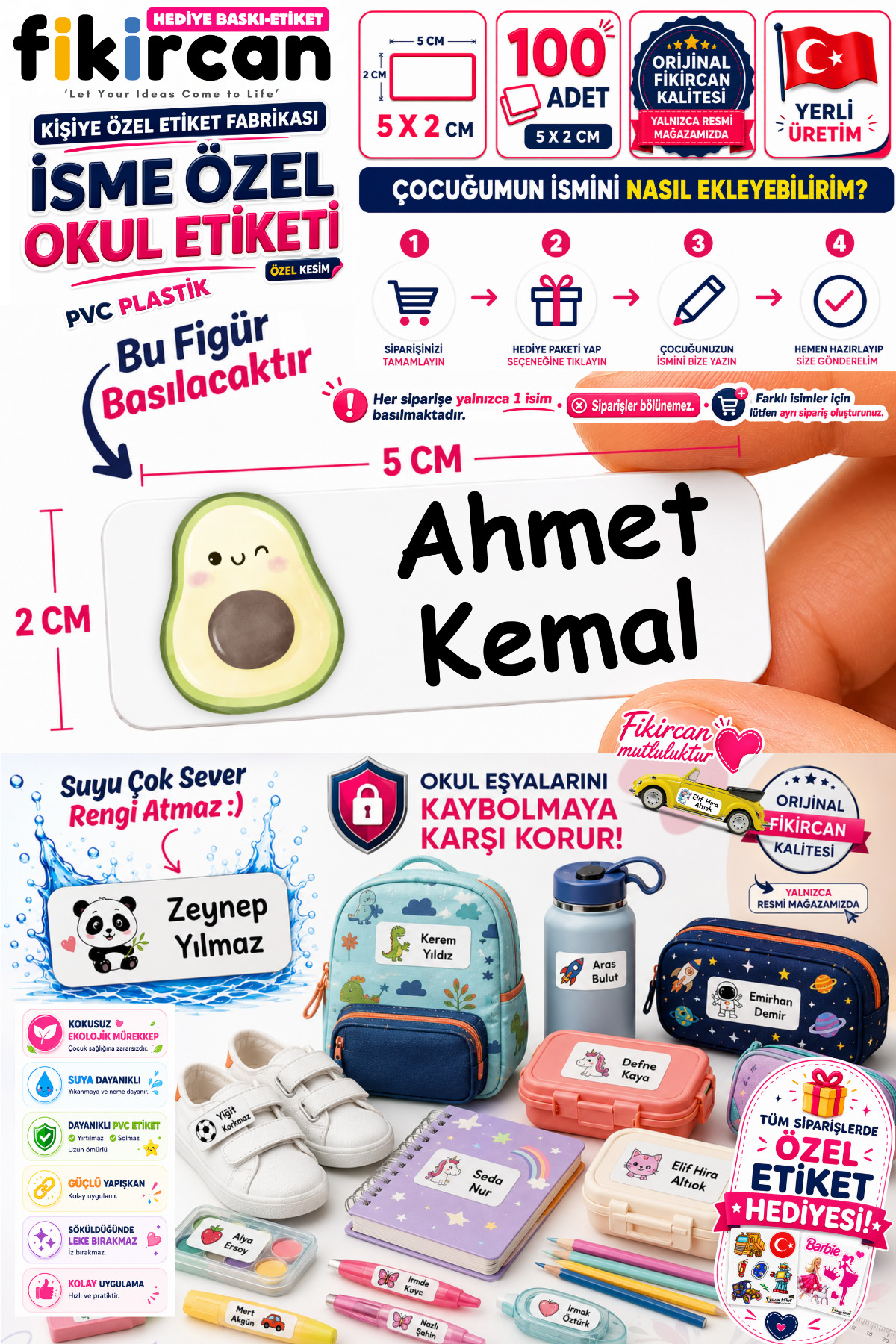 İsme Özel Okul Etiketi - 100 Adet - 5 x 2 cm - PVC Etiket - FİGÜR 48 — fotoğraf 1