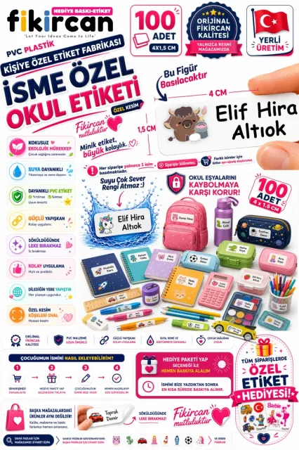 İsme Özel Okul Etiketi - 100 Adet - 1.5 x 4 cm - PVC Etiket - FİGÜR 58