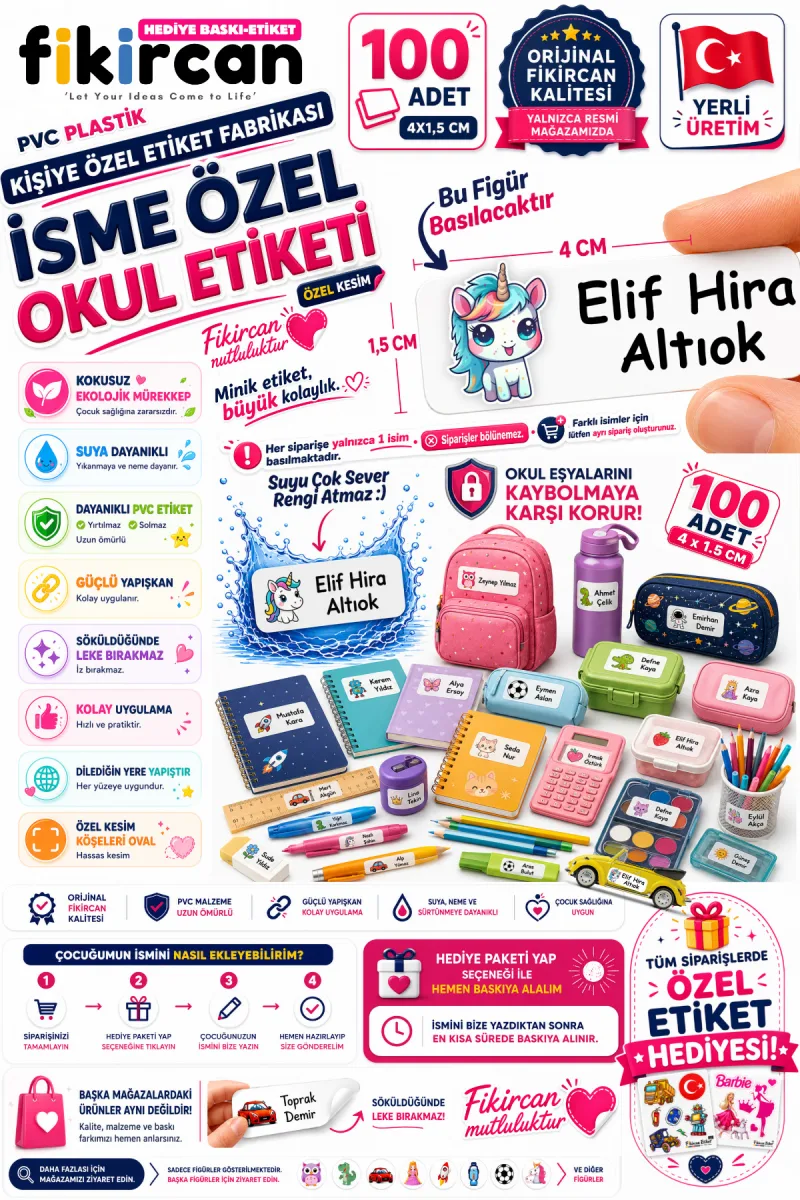 İsme Özel Okul Etiketi - 100 Adet - 1.5 x 4 cm - PVC Etiket - FİGÜR 2 — fotoğraf 1