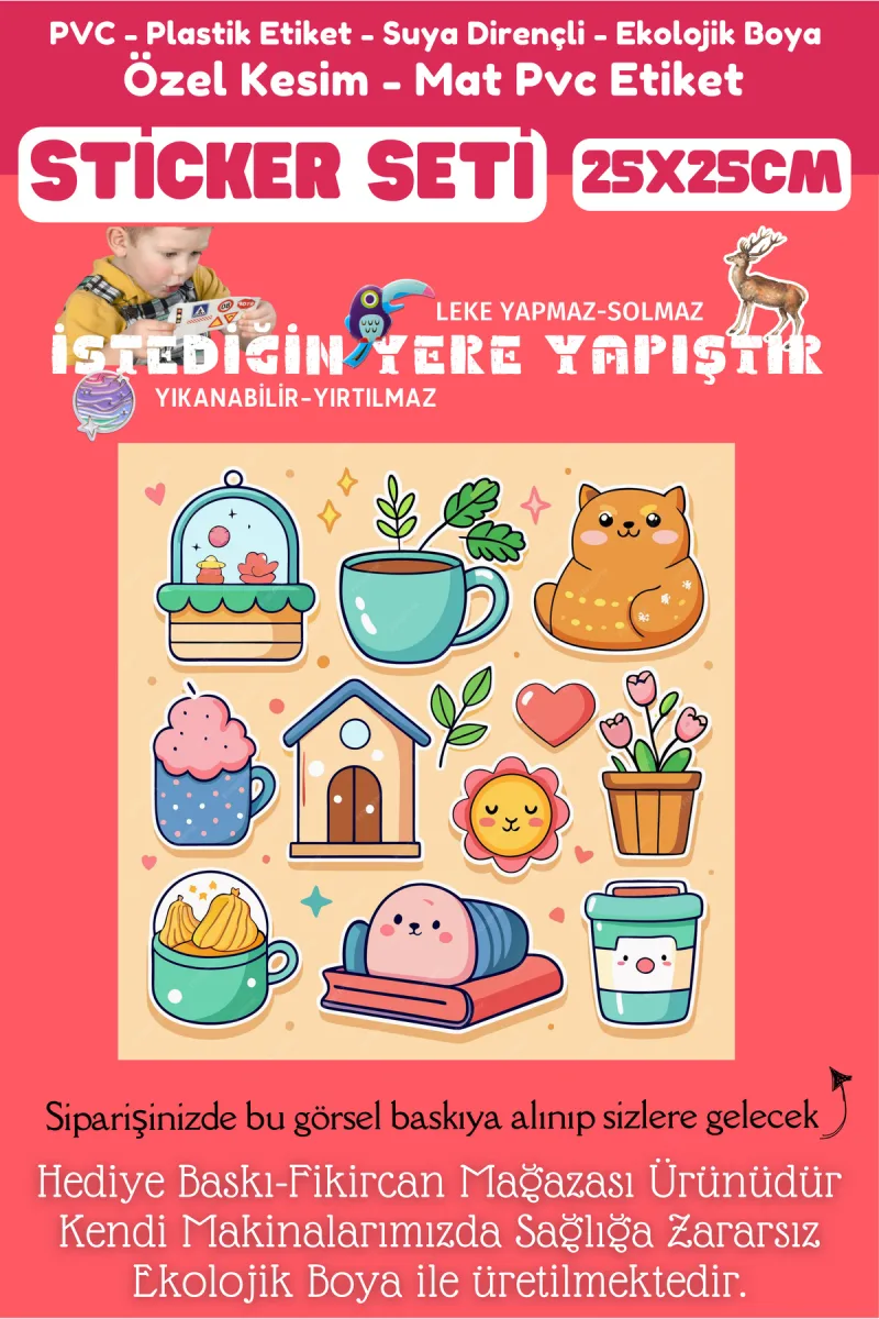 Fikircan Etiket Seti 25x25cm Pvc Sticker -Defter-Laptop-Tablet-Telefon-Dolap-Cam vb Her yere Yapışır — fotoğraf 2