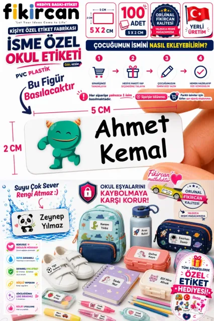İsme Özel Okul Etiketi - 100 Adet - 5 x 2 cm - PVC Etiket - FİGÜR 19