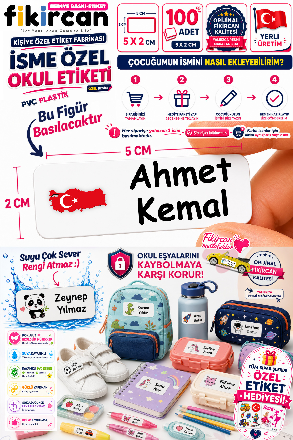 Isme Ozel Okul Etiketi - 100 Adet - 5 x 2 cm - PVC Etiket - FİGÜR 134