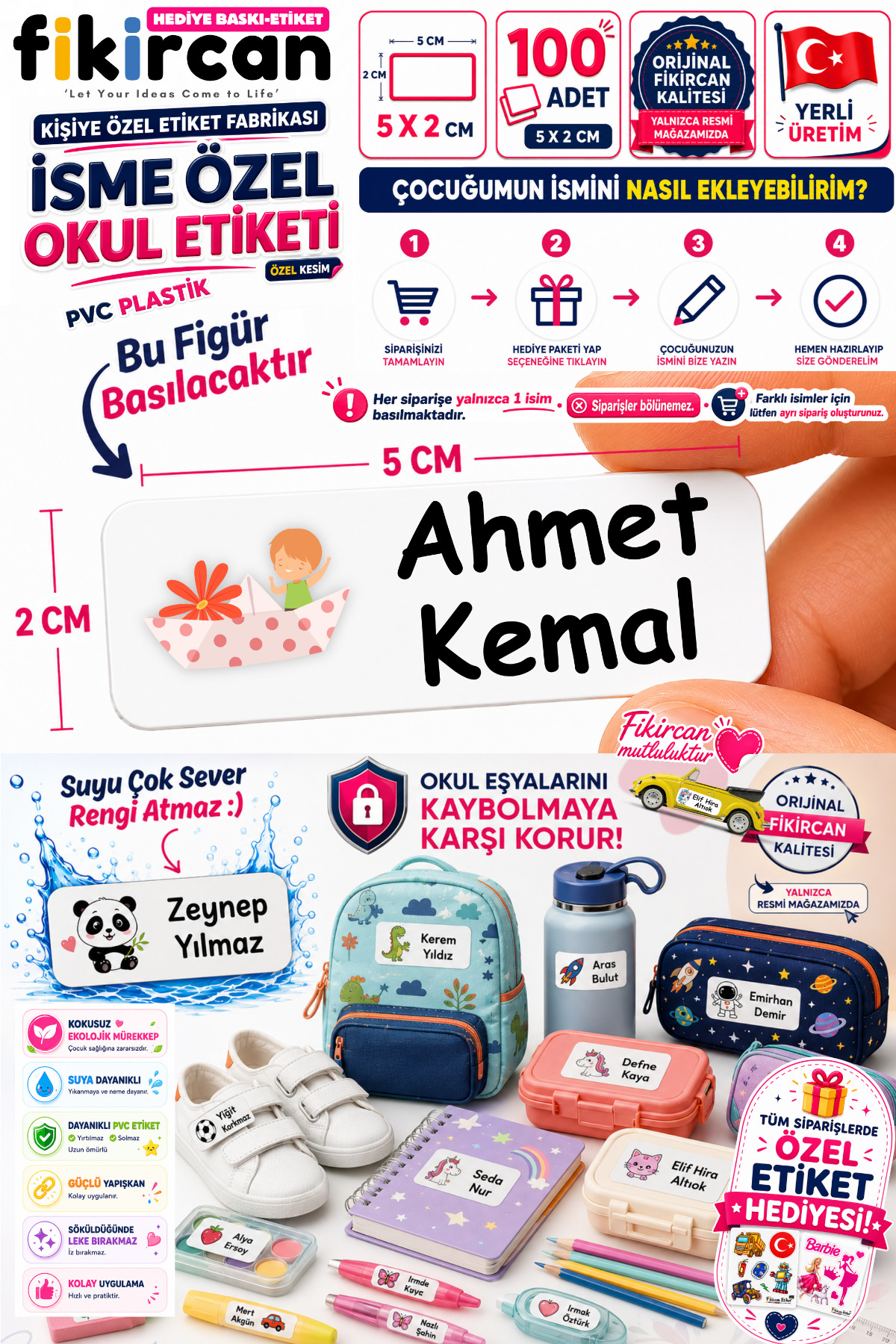 İsme Özel Okul Etiketi - 100 Adet - 5 x 2cm - PVC Etiket - FİGÜR 22