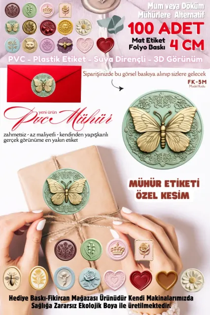 MÜHÜR ETİKETİ 100 Adet Kokusuz Ekolojik Mürekkep PVC ETİKET 4 CM MUM VE DÖKÜM ALTERNATİF