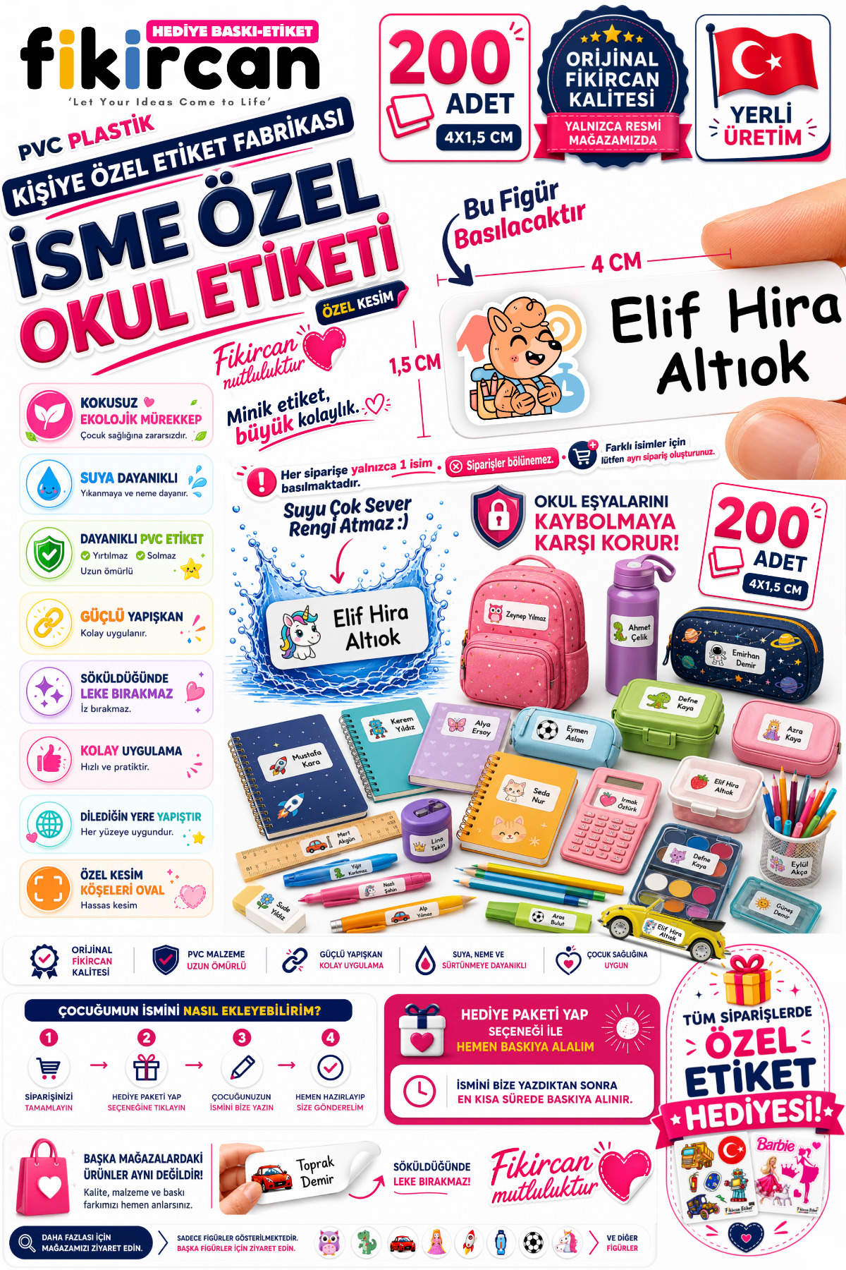 İsme Özel Okul Etiketi - 200 Adet - 1.5 x 4 cm - PVC Etiket - FİGÜR 92 1453260718226 — fotoğraf 1