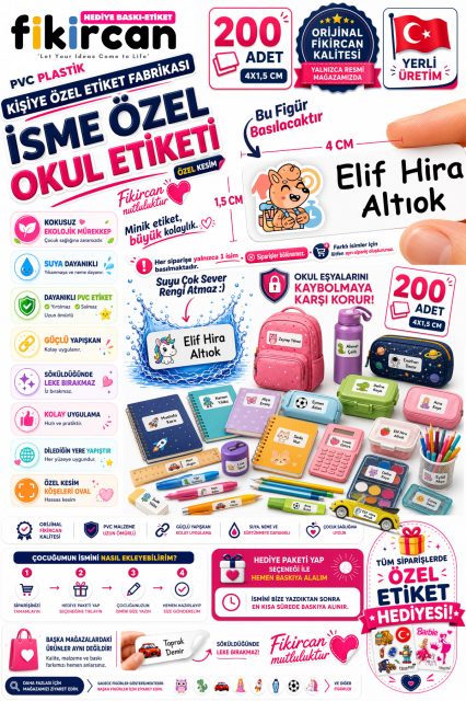 İsme Özel Okul Etiketi - 200 Adet - 1.5 x 4 cm - PVC Etiket - FİGÜR 92 1453260718226