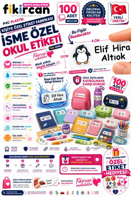 İsme Özel Okul Etiketi - 100 Adet - 1.5 x 4 cm - PVC Etiket - FİGÜR 47