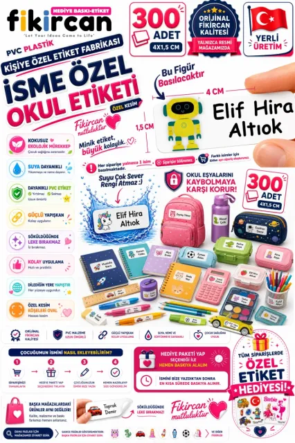 İsme Özel Okul Etiketi - 300 Adet - 1.5 x 4 cm - PVC Etiket - FİGÜR 74