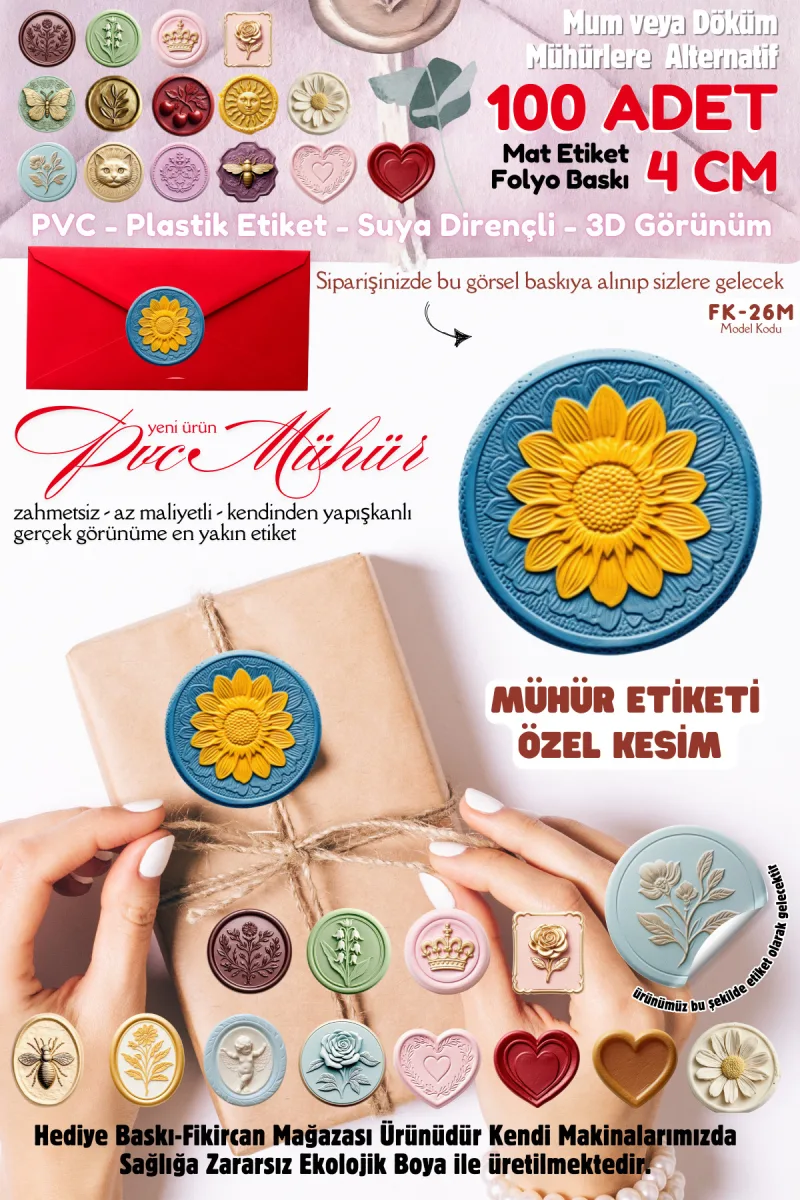 MÜHÜR ETİKETİ 100 Adet Kokusuz Ekolojik Mürekkep PVC ETİKET 4 CM MUM VE DÖKÜM ALTERNATİF — fotoğraf 1