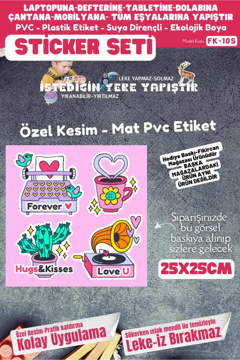 Fikircan Etiket Seti 25x25cm Pvc Sticker -Defter-Laptop-Tablet-Telefon-Dolap-Cam vb Her yere Yapışır — fotoğraf 1