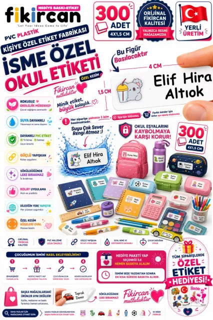 İsme Özel Okul Etiketi - 300 Adet - 1.5 x 4 cm - PVC Etiket - FİGÜR 67