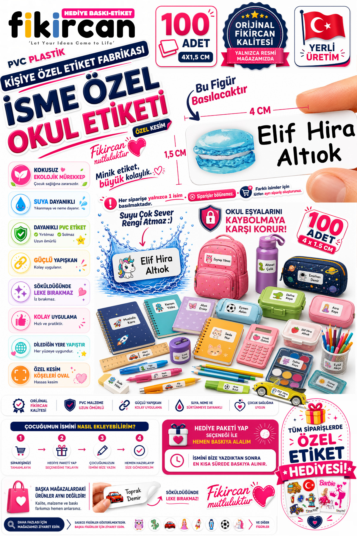İsme Özel Okul Etiketi - 100 Adet - 1.5 x 4 cm - PVC Etiket - FİGÜR 41 — fotoğraf 1