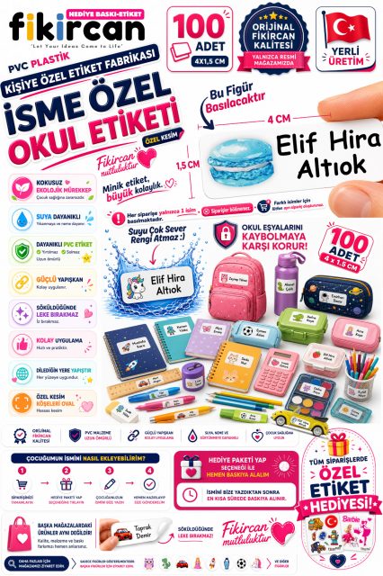 İsme Özel Okul Etiketi - 100 Adet - 1.5 x 4 cm - PVC Etiket - FİGÜR 41