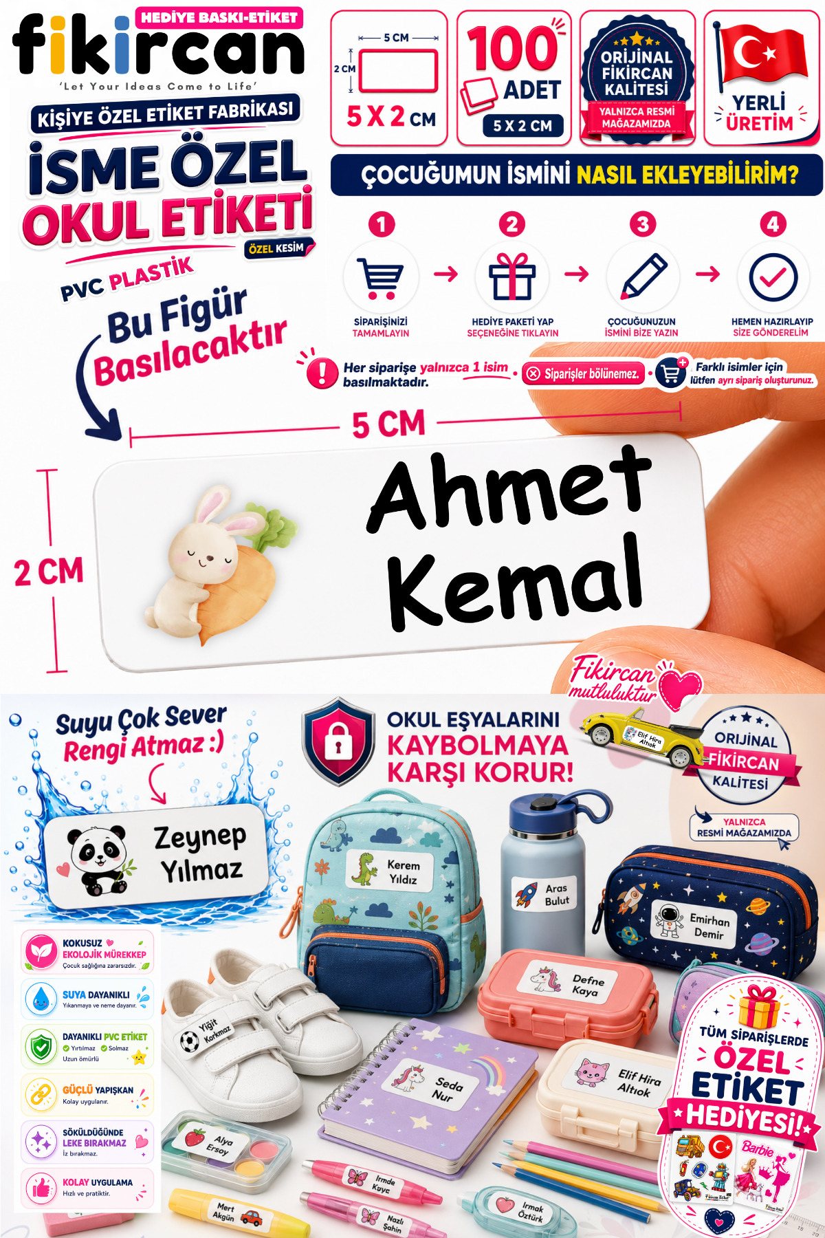 Isme Ozel Okul Etiketi - 100 Adet - 5 x 2 cm - PVC Etiket - FİGÜR 43 — fotoğraf 1