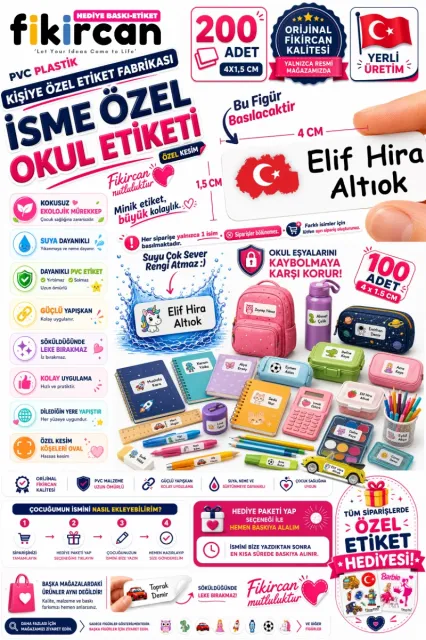 İsme Özel Okul Etiketi - 200 Adet - 1.5 x 4 cm - PVC Etiket - FİGÜR 133