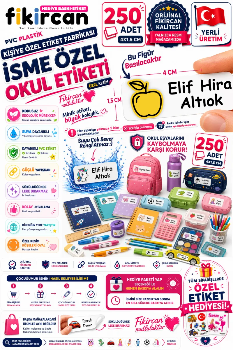 İsme Özel Okul Etiketi - 250 Adet - 1.5 x 4 cm - PVC Etiket - FİGÜR 109 — fotoğraf 1