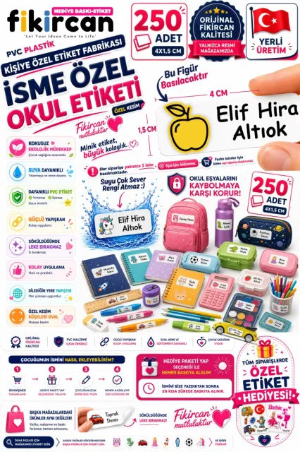 İsme Özel Okul Etiketi - 250 Adet - 1.5 x 4 cm - PVC Etiket - FİGÜR 109