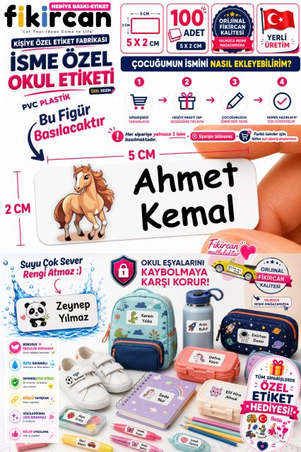 İsme Özel Okul Etiketi - 100 Adet - 5 x 2 cm - PVC Etiket - FİGÜR 105