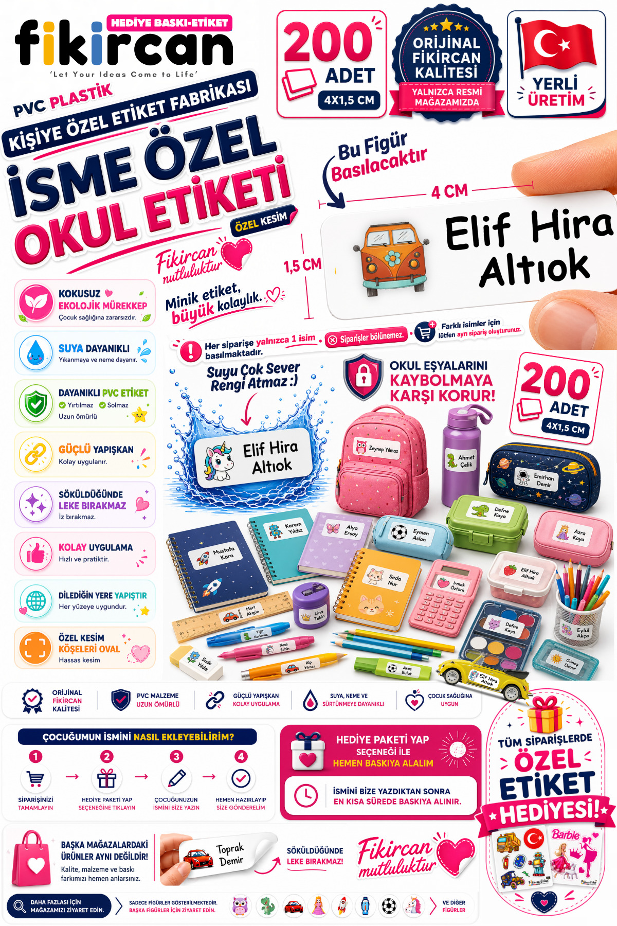 İsme Özel Okul Etiketi - 200 Adet - 1.5 x 4 cm - PVC Etiket - FİGÜR 78 1453260718233 — fotoğraf 1