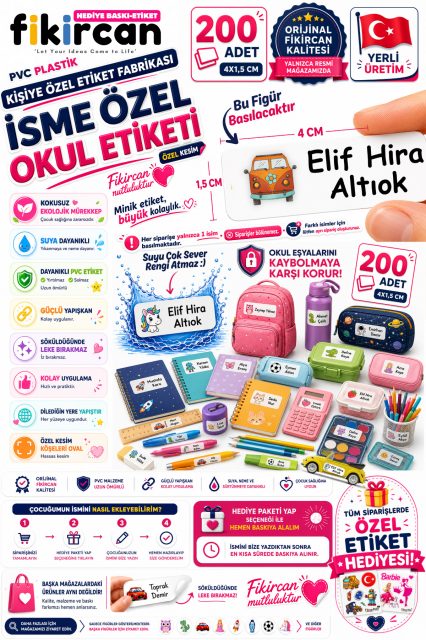 İsme Özel Okul Etiketi - 200 Adet - 1.5 x 4 cm - PVC Etiket - FİGÜR 78 1453260718233