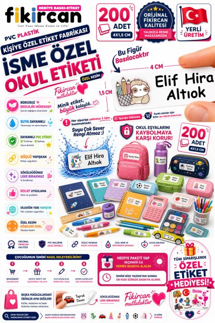 İsme Özel Okul Etiketi - 200 Adet - 1.5 x 4 cm - PVC Etiket - FİGÜR 68 1453260718238