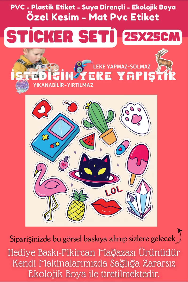 Fikircan Etiket Seti 25x25cm Pvc Sticker -Defter-Laptop-Tablet-Telefon-Dolap-Cam vb Her yere Yapışır — fotoğraf 2