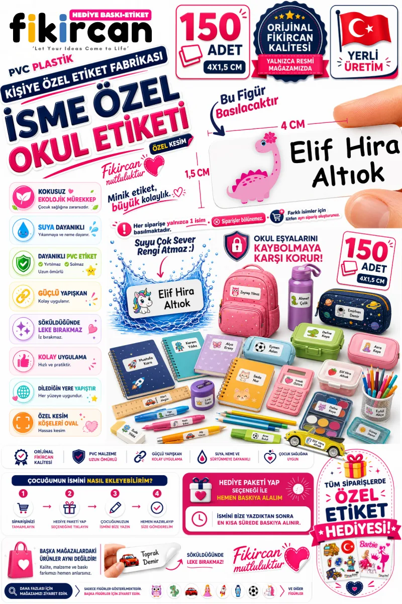 İsme Özel Okul Etiketi - 150 Adet - 1.5 x 4 cm - PVC Etiket - FİGÜR 71 — fotoğraf 1