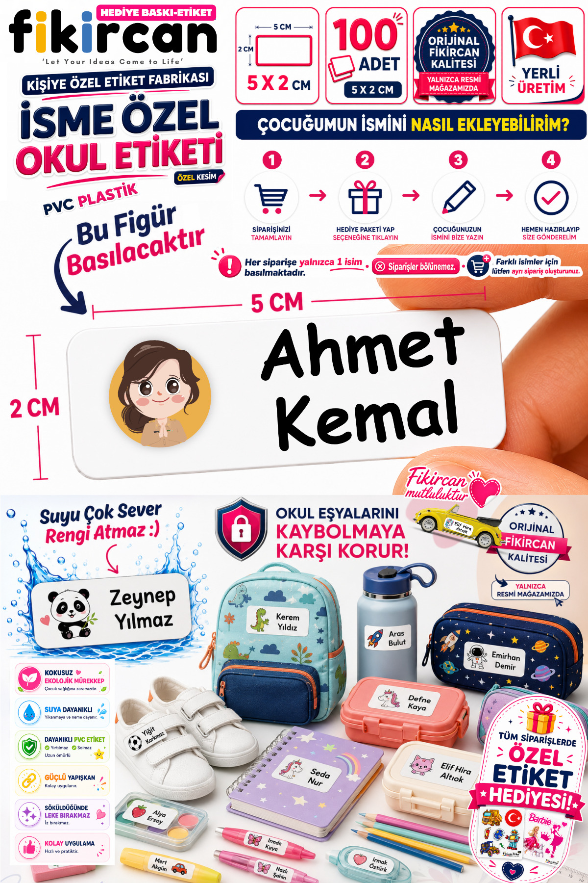 İsme Özel Okul Etiketi - 100 Adet - 5 x 2cm - PVC Etiket - FİGÜR 96 — fotoğraf 1