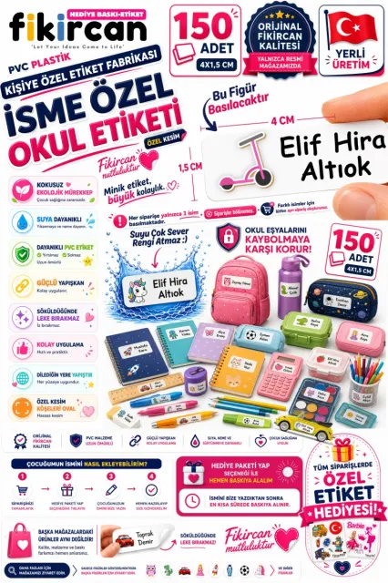 İsme Özel Okul Etiketi - 150 Adet - 1.5 x 4 cm - PVC Etiket - FİGÜR 128