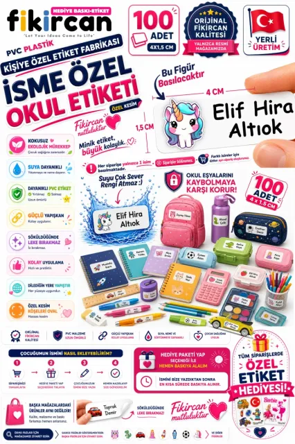İsme Özel Okul Etiketi - 100 Adet - 1.5 x 4 cm - PVC Etiket - FİGÜR 7