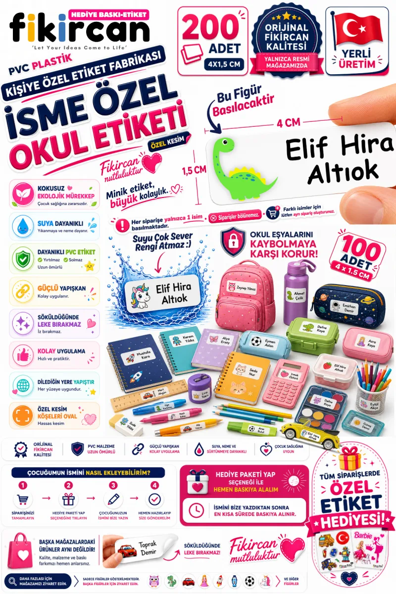 İsme Özel Okul Etiketi - 200 Adet - 1,5 x 4 cm - PVC Etiket - - FİGÜR 70 — fotoğraf 1