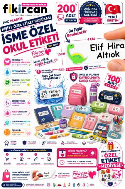 İsme Özel Okul Etiketi - 200 Adet - 1,5 x 4 cm - PVC Etiket - - FİGÜR 70