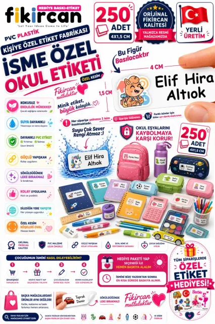 İsme Özel Okul Etiketi - 250 Adet - 1.5 x 4 cm - PVC Etiket - FİGÜR 92