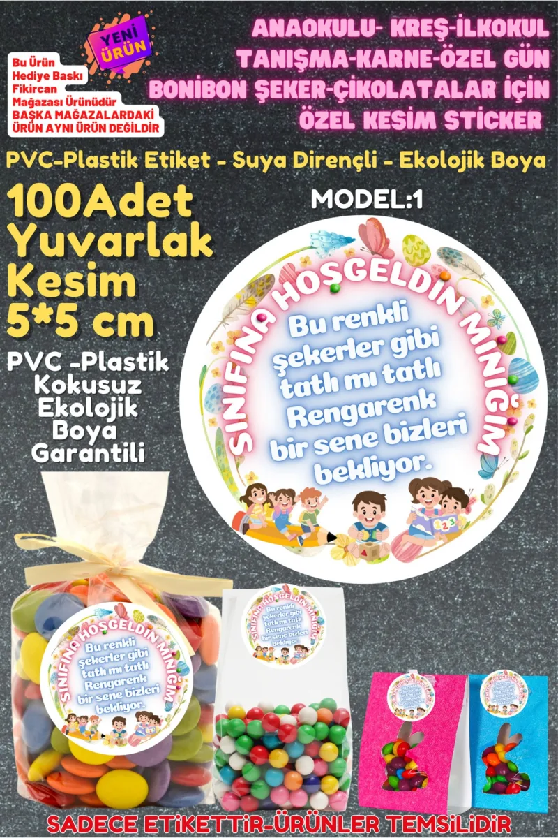 ANAOKULU- KREŞ-İLKOKUL TANIŞMA-KARNE-ÖZEL GÜN BONİBON ŞEKER-ÇİKOLATALAR İÇİN ÖZEL KESİM STİCKER — fotoğraf 1