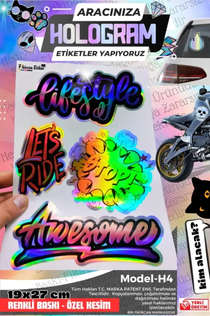 Fikircan-Hologram Etiket- Araba ve Motorsiklet Cam ve Kaporta Uyumlu Renkli Baskı Özel Kesim Sticker