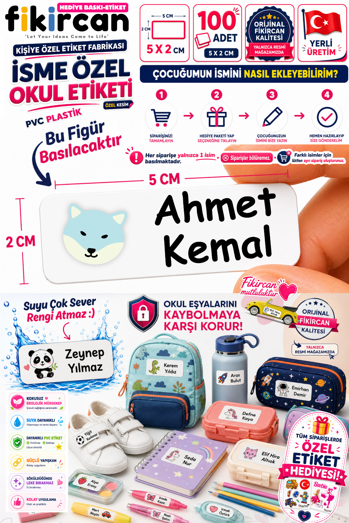 İsme Özel Okul Etiketi - 100 Adet - 5 x 2cm - PVC Etiket - FİGÜR 38