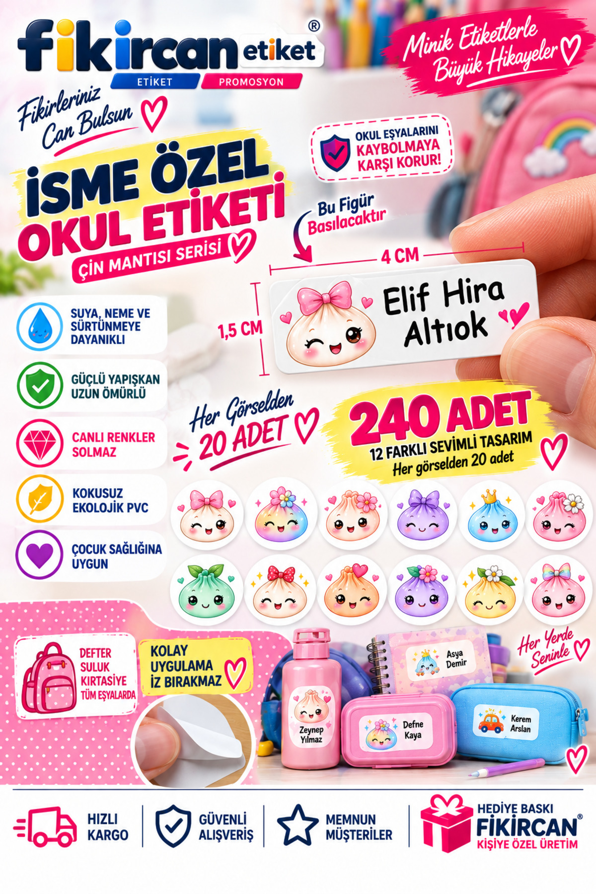 Çin Mantısı Isme Ozel Okul Etiketi - 300 Adet - 1.5 x 4 cm - PVC Etiket