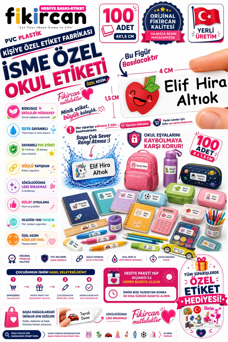 İsme Özel Okul Etiketi - 100 Adet - 1.5 x 4 cm - PVC Etiket - FİGÜR 115 — fotoğraf 1