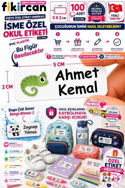 İsme Özel Okul Etiketi - 100 Adet - 5 x 2 cm - PVC Etiket - FİGÜR 120