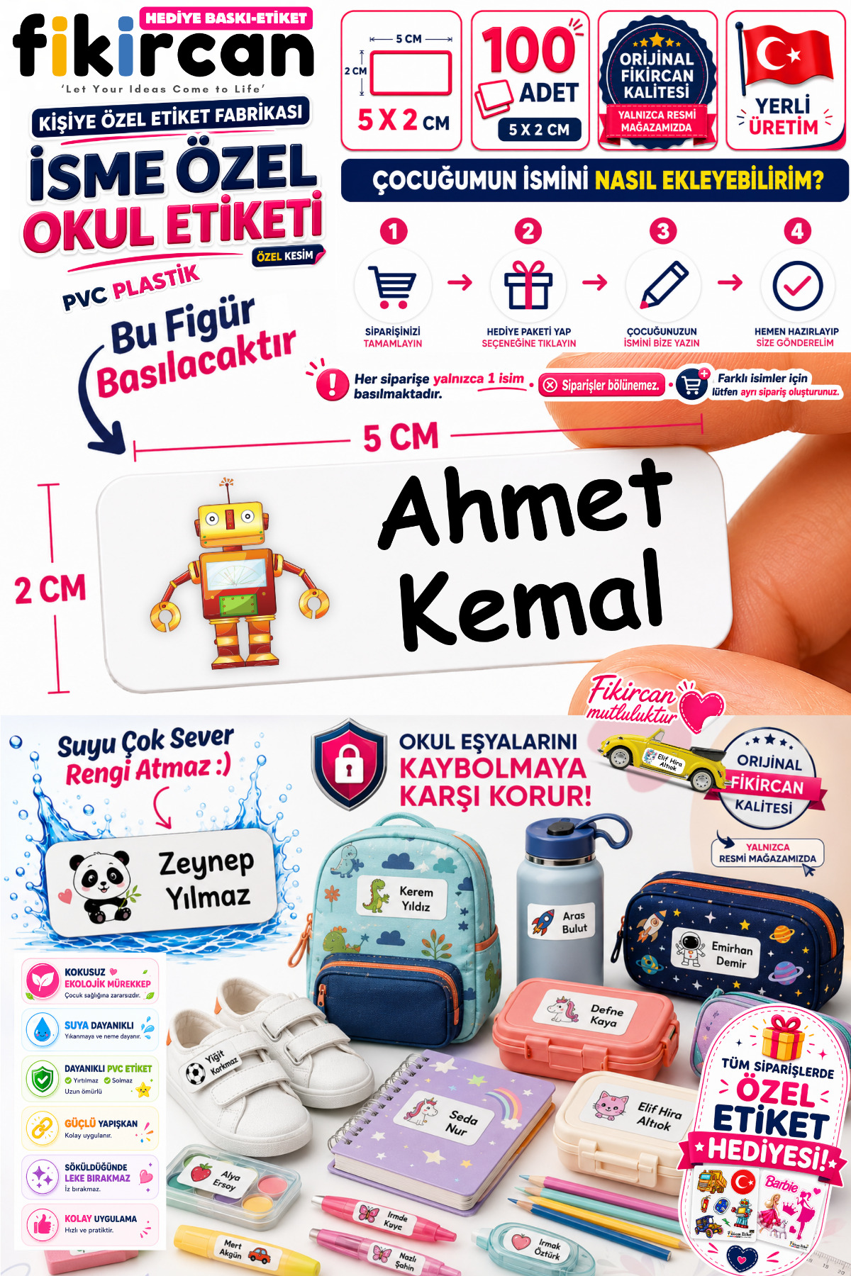 İsme Özel Okul Etiketi - 100 Adet - 5 x 2 cm - PVC Etiket - FİGÜR 75 — fotoğraf 1