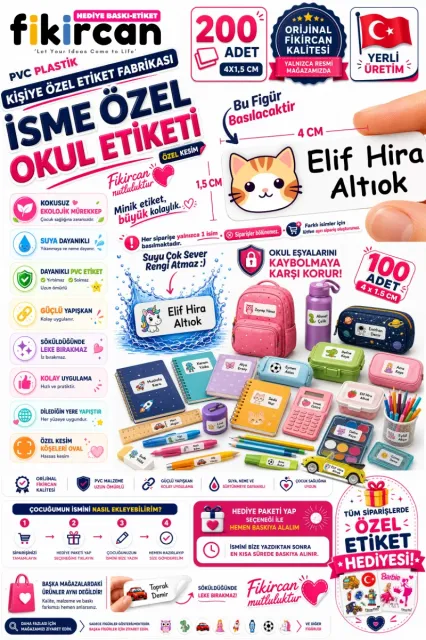 İsme Özel Okul Etiketi - 200 Adet - 1,5 x 4 cm - PVC Etiket - - FİGÜR 98