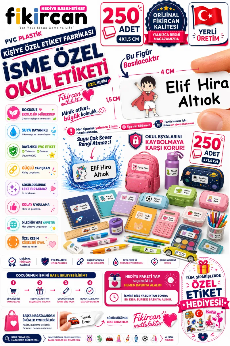 İsme Özel Okul Etiketi - 250 Adet - 1.5 x 4 cm - PVC Etiket - FİGÜR 106 — fotoğraf 1