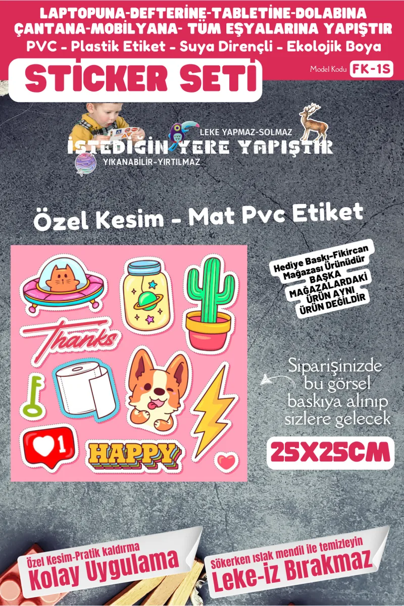 Fikircan Etiket Seti 25x25cm Pvc Sticker -Defter-Laptop-Tablet-Telefon-Dolap-Cam vb Her yere Yapışır — fotoğraf 1