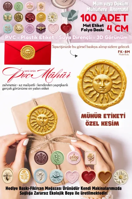 MÜHÜR ETİKETİ 100 Adet Kokusuz Ekolojik Mürekkep PVC ETİKET 4 CM MUM VE DÖKÜM ALTERNATİF