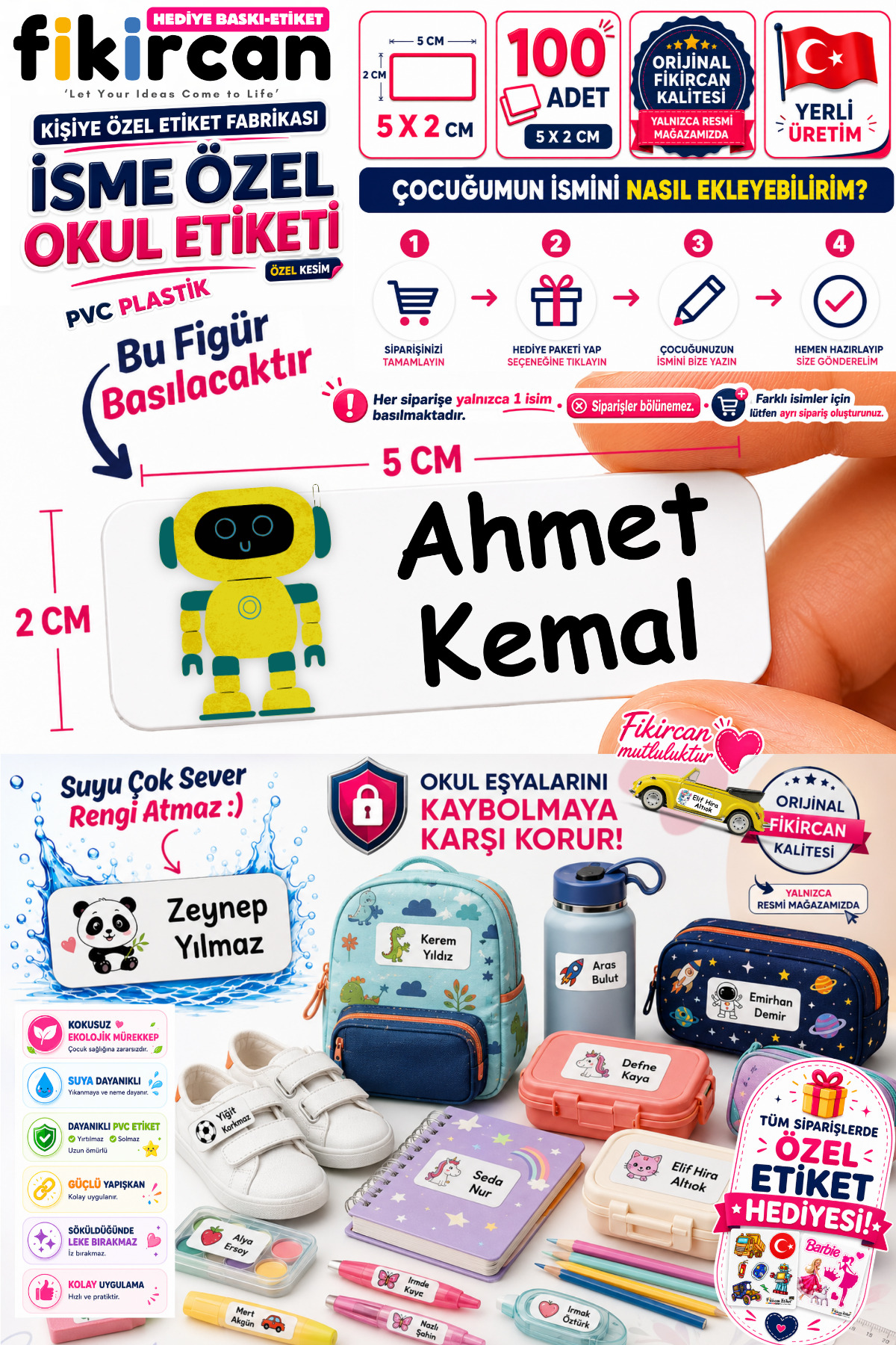 İsme Özel Okul Etiketi - 100 Adet - 5 x 2 cm - PVC Etiket - FİGÜR 74 — fotoğraf 1